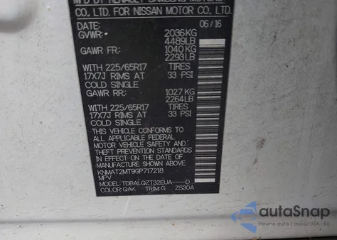 2016 Nissan Rogue S/Sl/Sv z USA, uszkodzony, nr VIN KNMAT2MT9GP717218